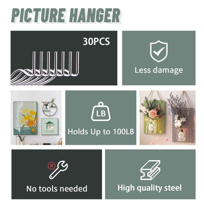 Furhua Super Hooks Picture Hanger,Gorilla Hooks - Hang Art, Clock, Shelves, Mirrors, Frames, or Planters for Home and Office Decorations-30pcs - Image 3